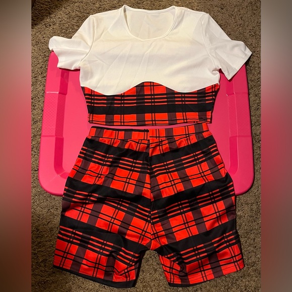 Gorgeous Rib Knit Plaid Design Crop Short Sleeve Shirt & Shorts Outfit ❌1 Left ❌ - Picture 5 of 9
